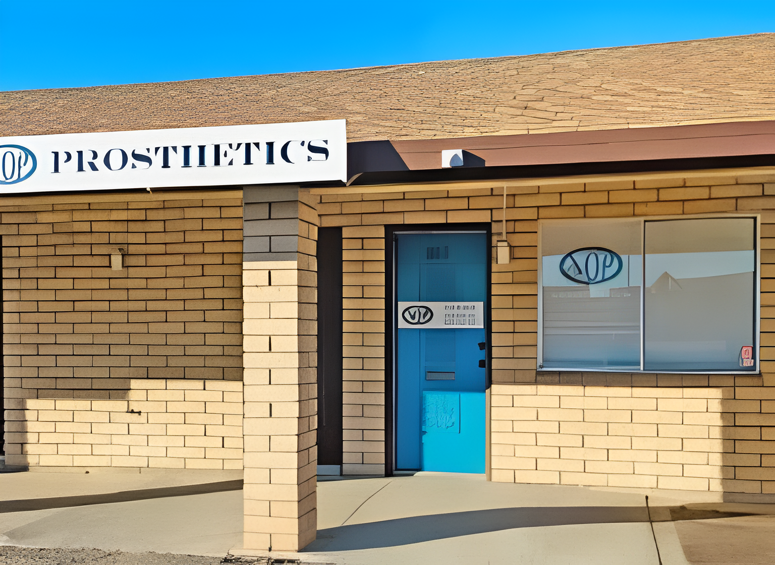 Prosthetics storefront with blue door.