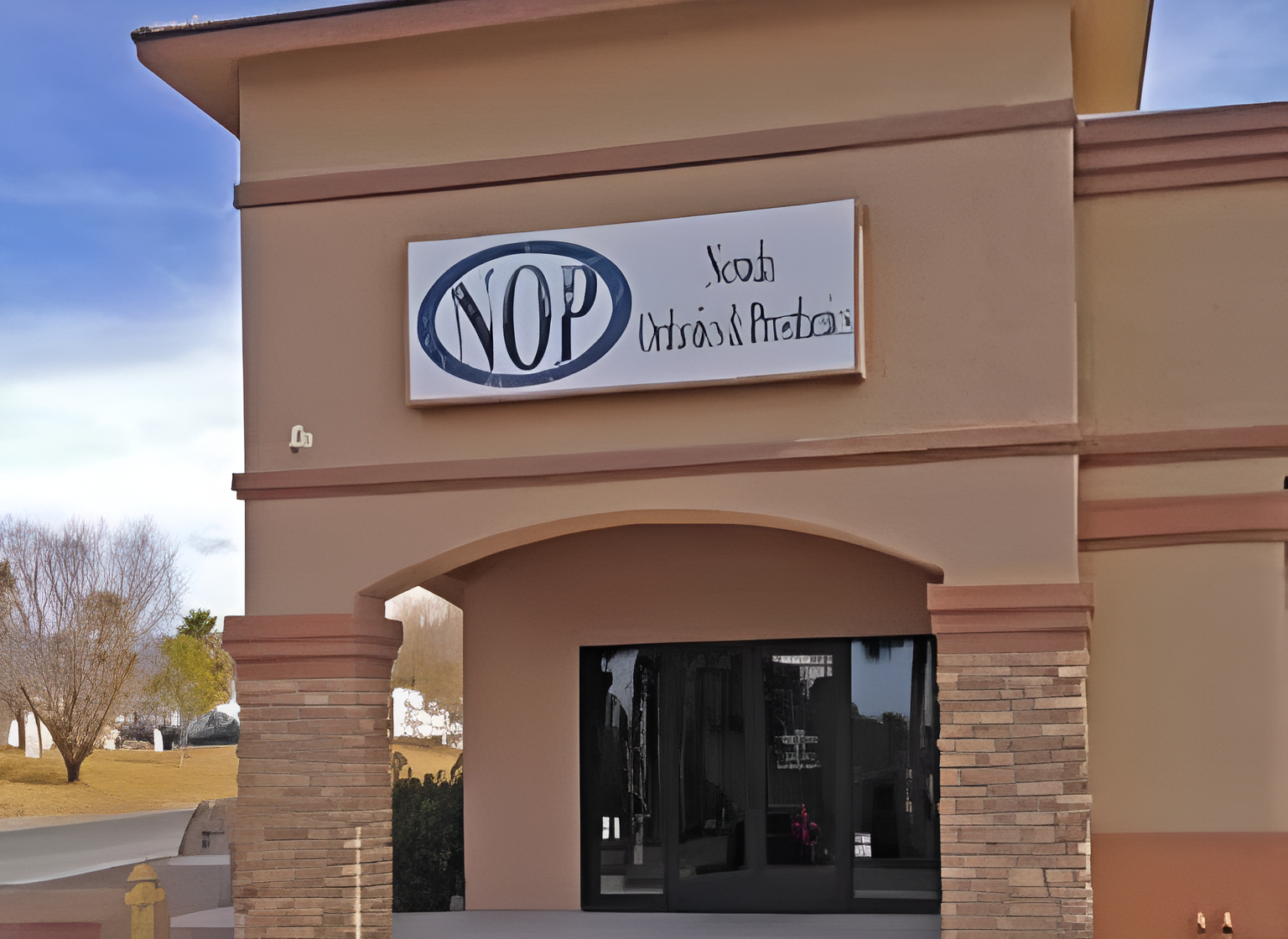 Building with NOP sign and entrance door.