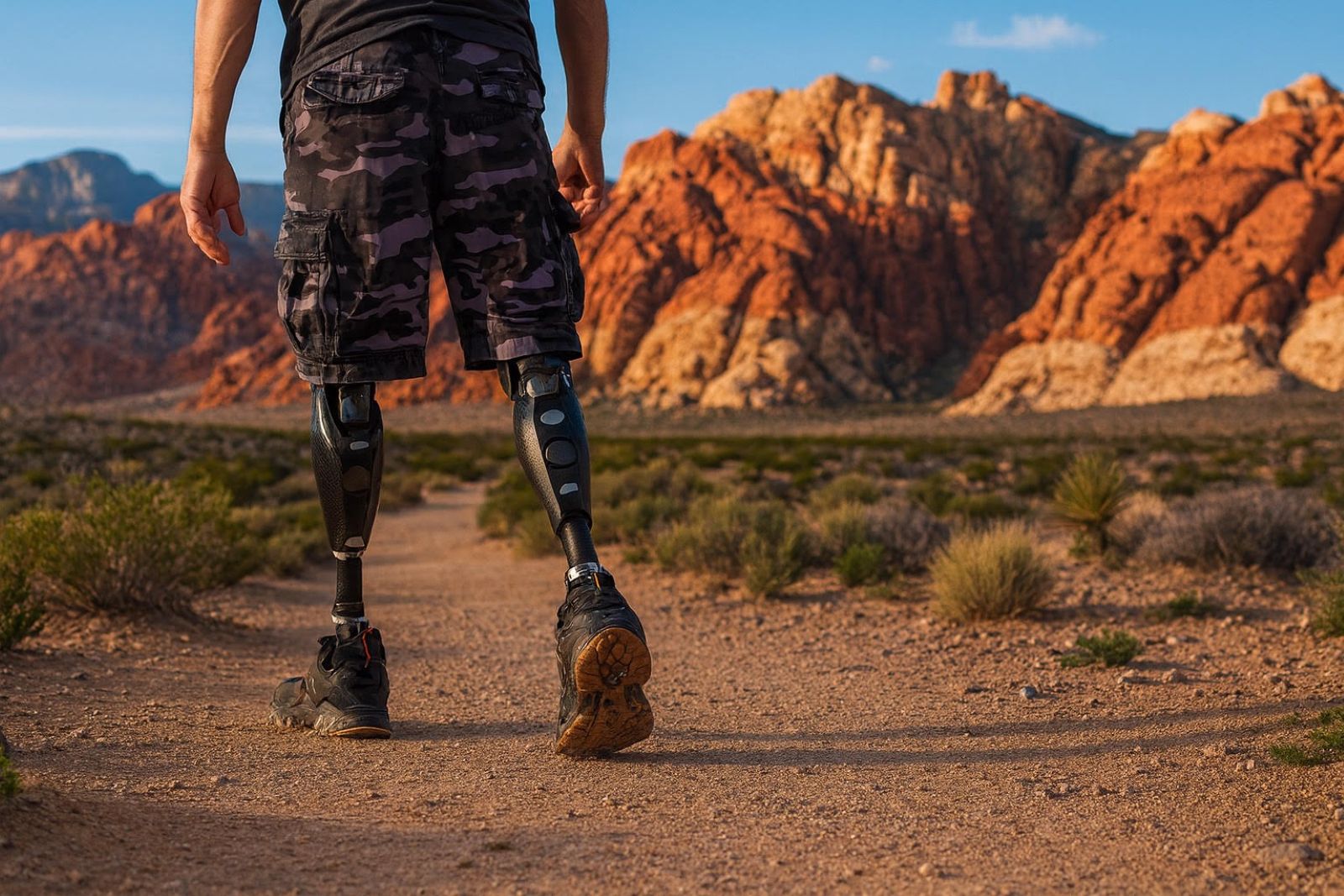 Man with prosthetic legs hiking desert trail.